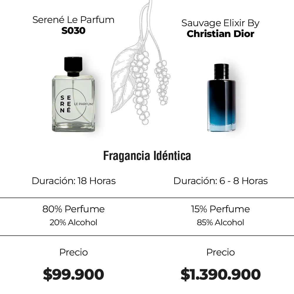 Serené Le Parfum S030 -  inspirada en Sauvage Elixir por Christian Dior (50 ML REGALO)