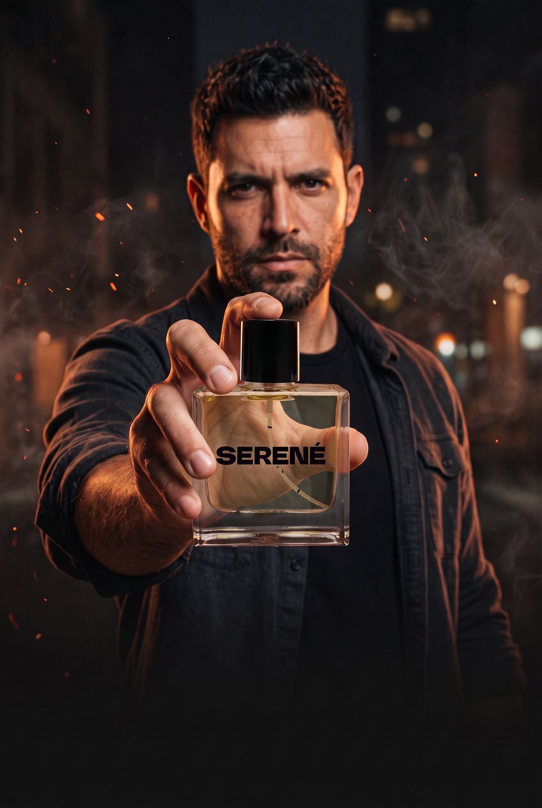 Hombre con barba sosteniendo un perfume Serené de 50 ml entre brasas y humo