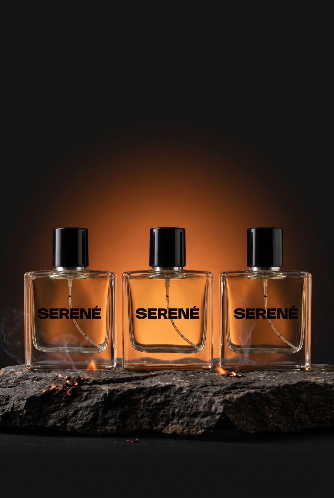 Tres frascos Serené de 50 ml sobre una piedra volcánica con brasas
