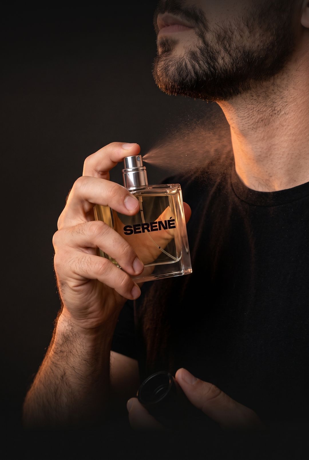 Hombre aplicándose perfume Serené en el cuello