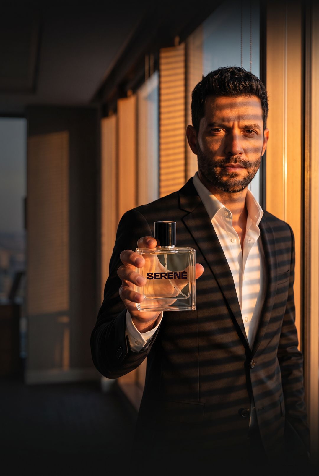 Hombre de traje negro con un perfume Serené junto a una ventana con luz dorada