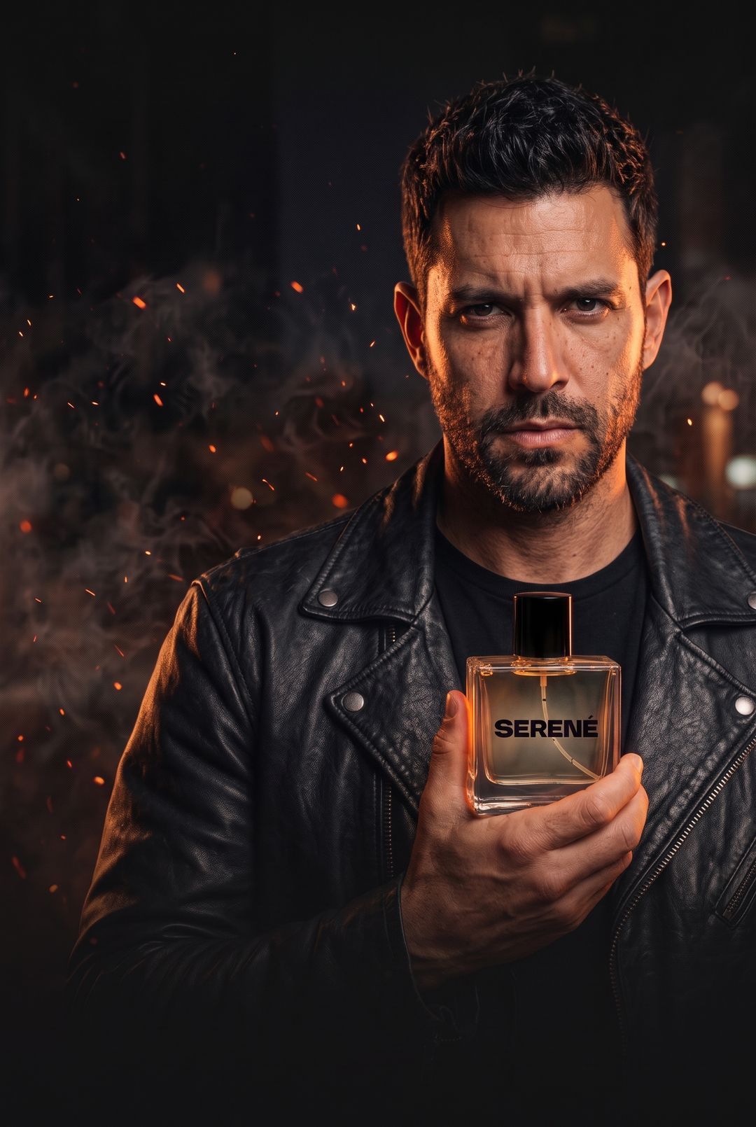 Hombre con chaqueta de cuero sosteniendo un perfume Serené entre chispas y humo