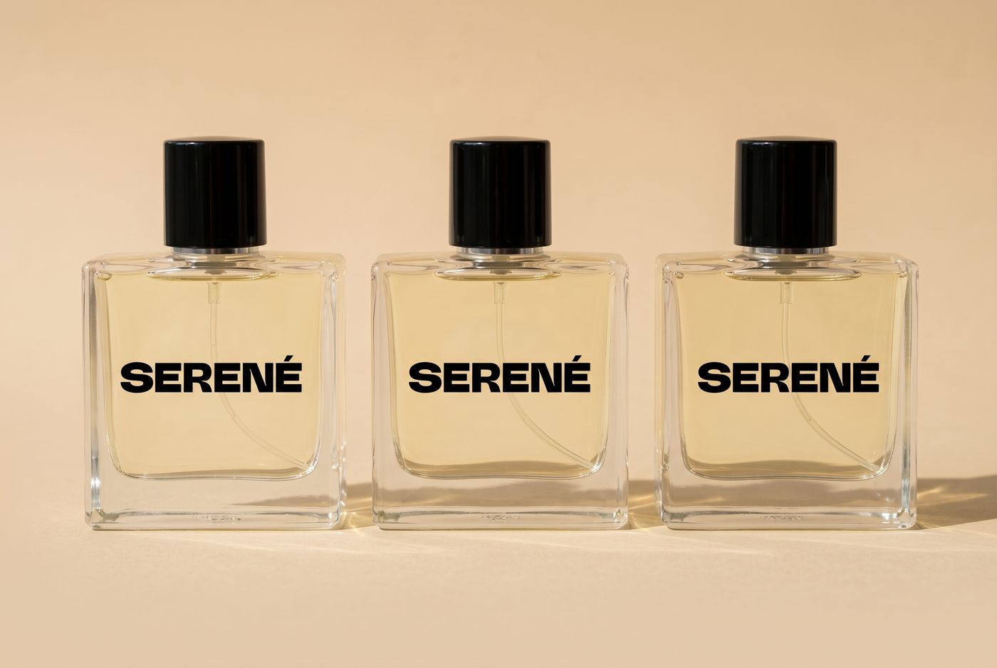 Tres frascos Serené de 50 ml en fila sobre fondo arena