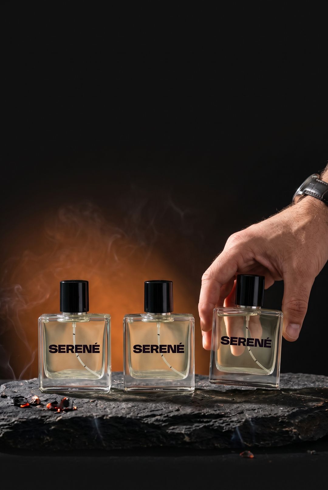 Mano colocando el tercer frasco Serené sobre piedra volcánica