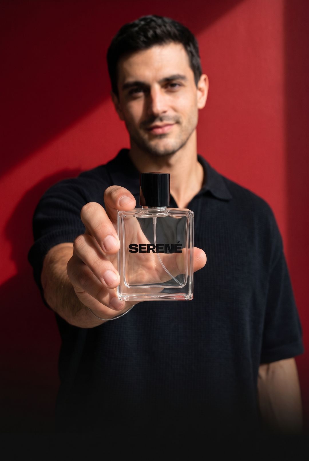 Hombre sosteniendo un perfume Serené hacia la cámara frente a una pared roja