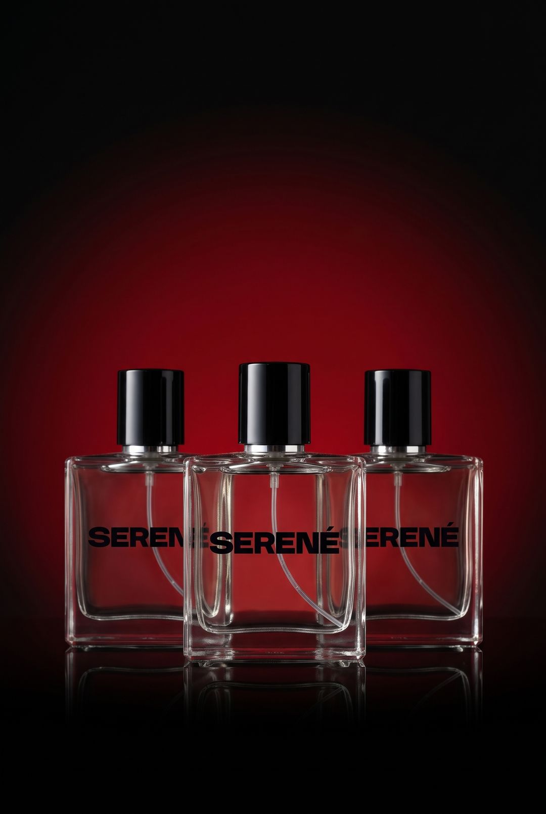 Tres frascos Serené de 100 ml sobre un pedestal negro