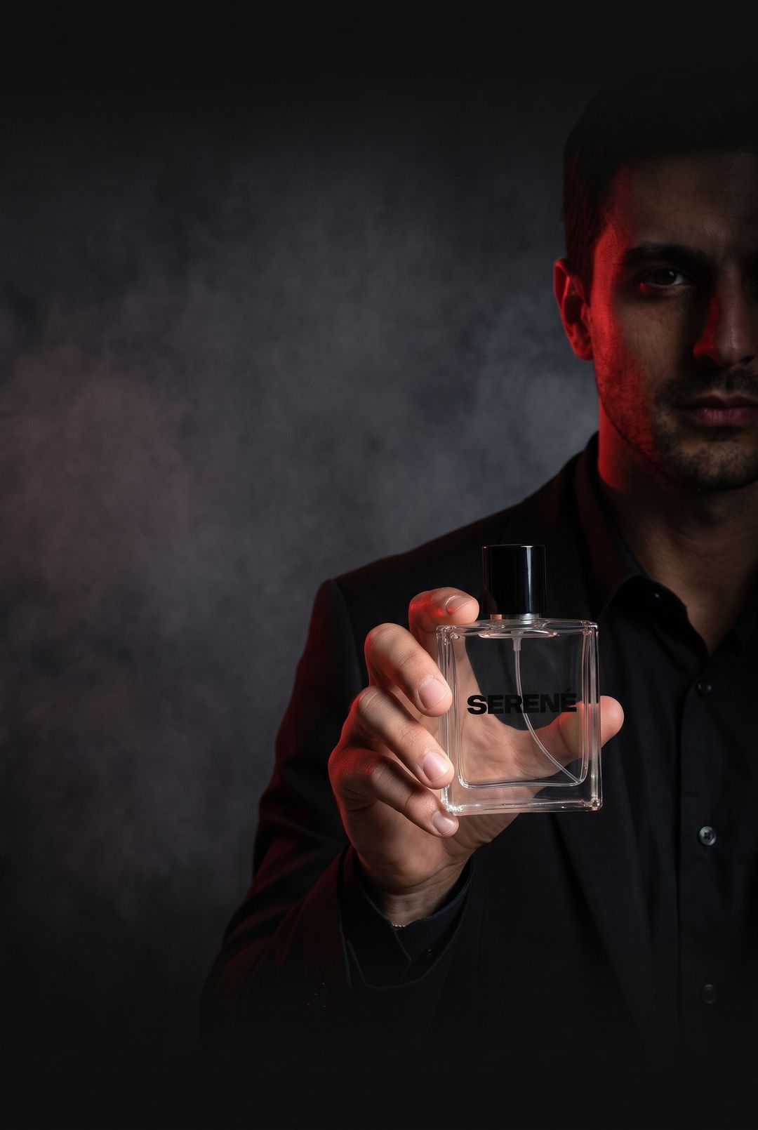 Hombre de traje negro con un perfume Serené bajo luz roja